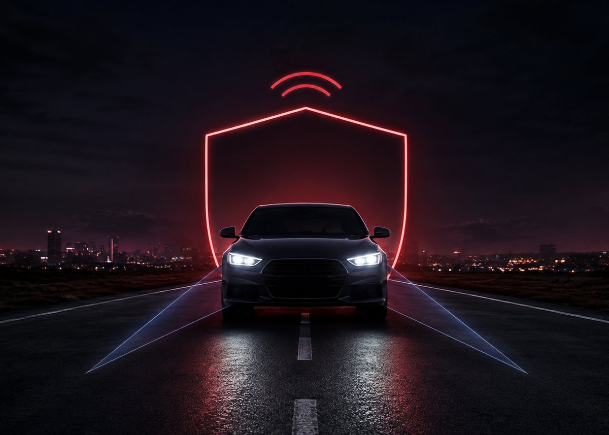 Carro em estrada à noite protegido por um escudo luminoso, símbolo da proteção veicular da Only